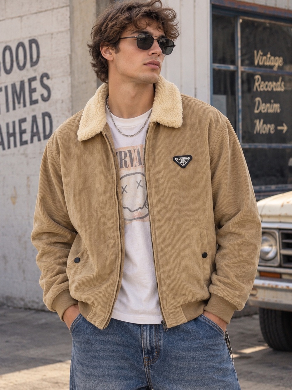 Corduroy Tan Y2K 90’S Sherpa Lined Zip Up Bomber Jacket Size S